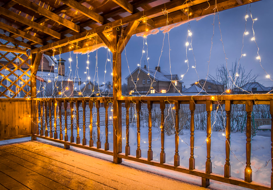 string lights in winter on deck