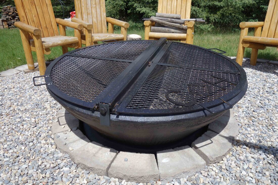 custom steel double firepit lid - open from one of two sides